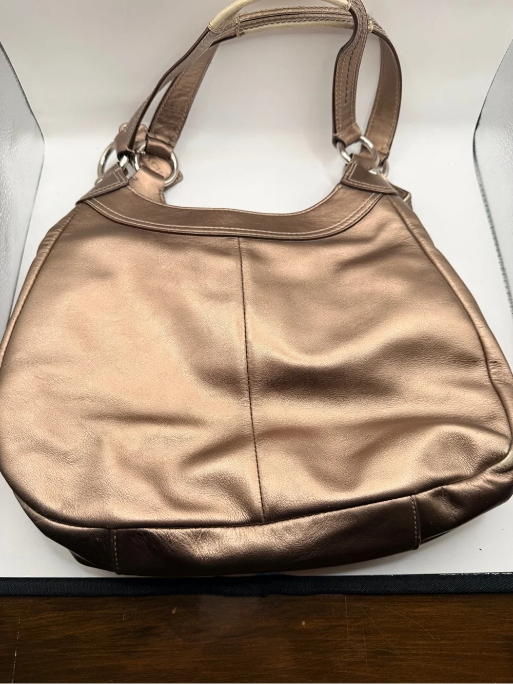 Coach Metallic Bronze Leather Shoulder Bag with Buckle Detail